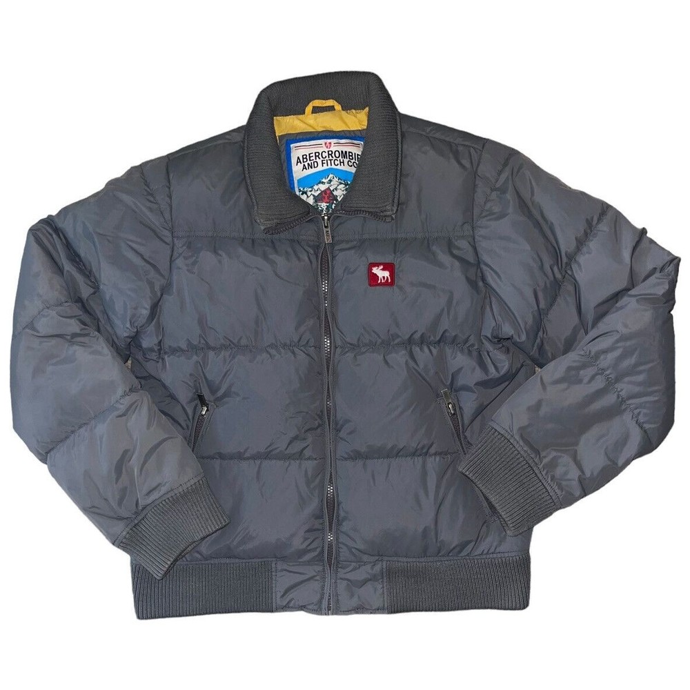 Abercrombie & Fitch Men's Gray Puffer Jacket with Red Logo